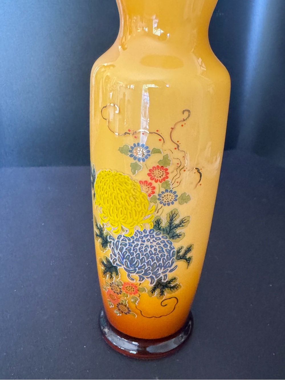 Yellow Ombre Floral Glass Vase with Painted Chrysanthemums